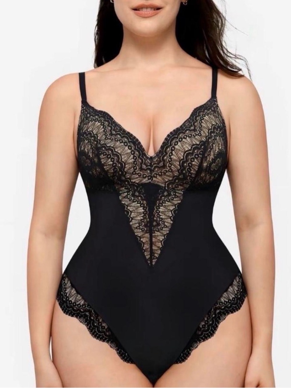 Feelingirl Black Lace Trim Shapewear Bodysuit Size M